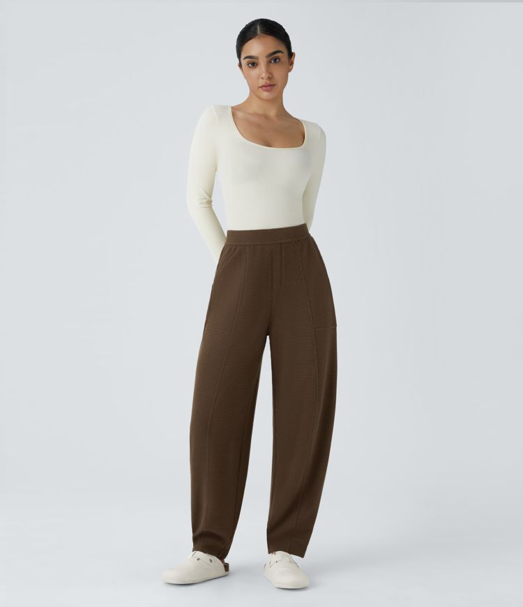 High Waisted Pocket Barrel Leg Waffle Casual Pants