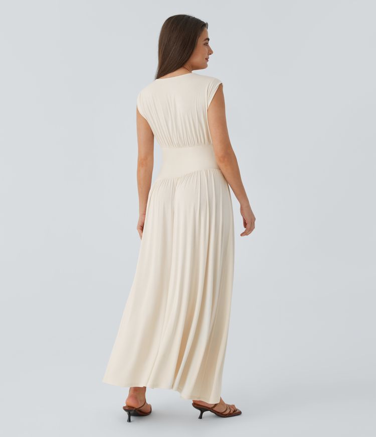 Ribbed V Neck Sleeveless Flowy Maxi Dress
