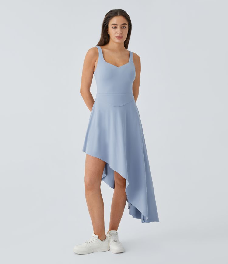Backless Tie Back 2-in-1 Side Pocket Asymmetric Hem Midi Casual Tank Dress