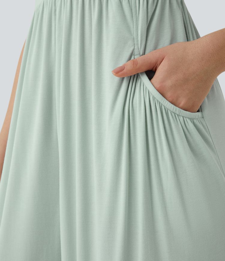 Ribbed V Neck Adjustable Strap Backless Side Pocket Resort Jogger Jumpsuit