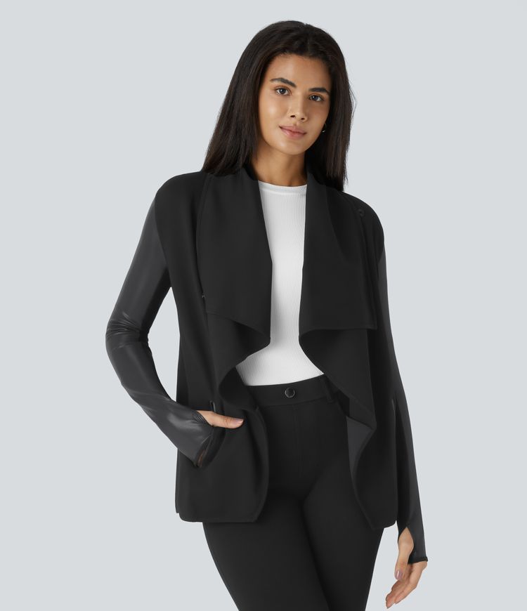 Waterfall Button Thumb Hole Side Pocket Patchwork Work Jacket