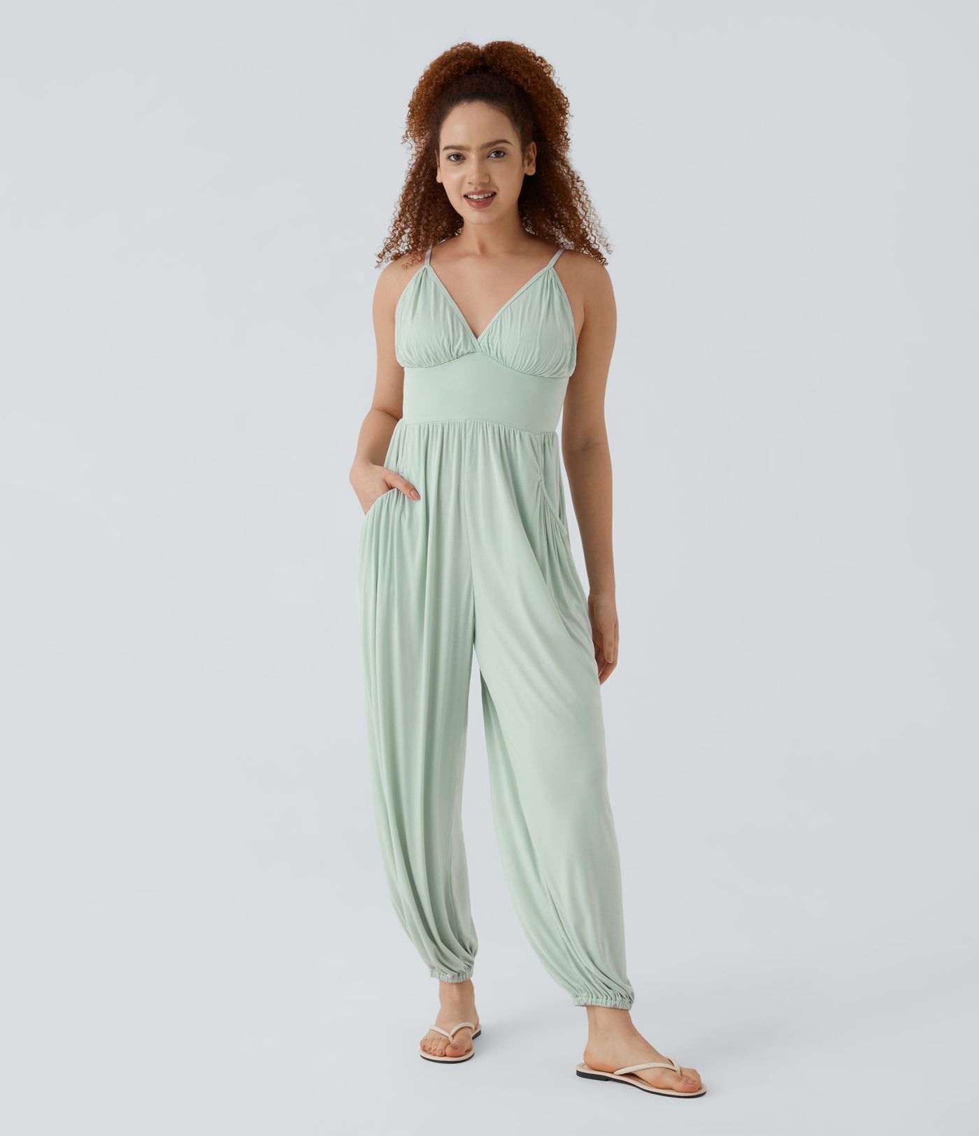 Ribbed V Neck Pocket Jogger Jumpsuit