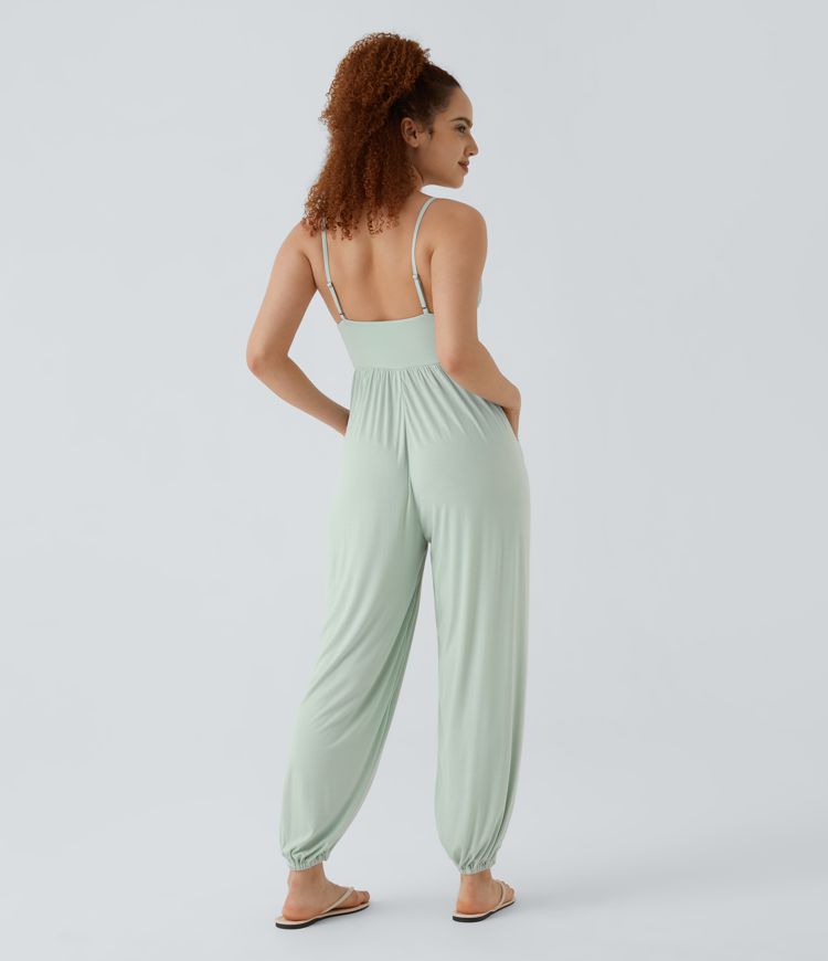 Ribbed V Neck Adjustable Strap Backless Side Pocket Resort Jogger Jumpsuit