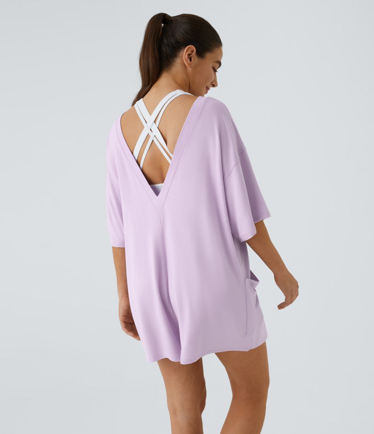 Short Sleeve Backless Side Pocket Casual Tee Jumpsuit