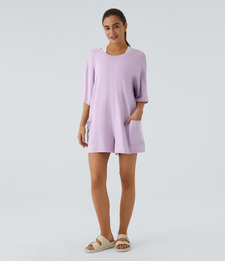 Short Sleeve Backless Side Pocket Casual Tee Jumpsuit