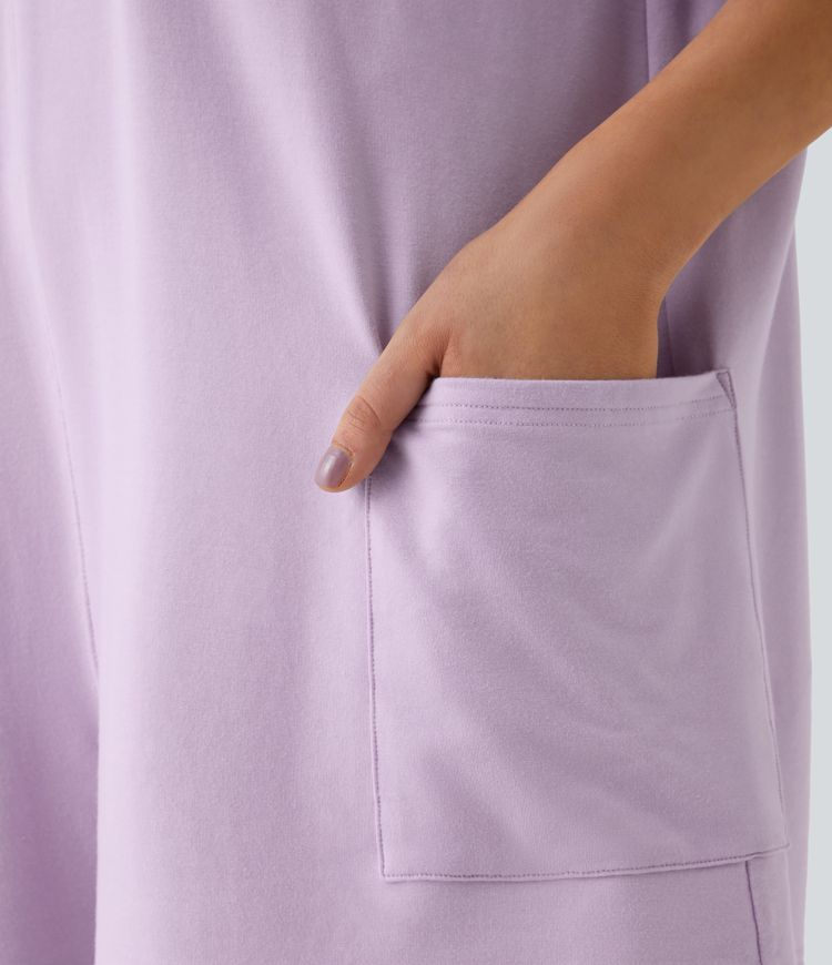 Short Sleeve Backless Side Pocket Casual Tee Jumpsuit