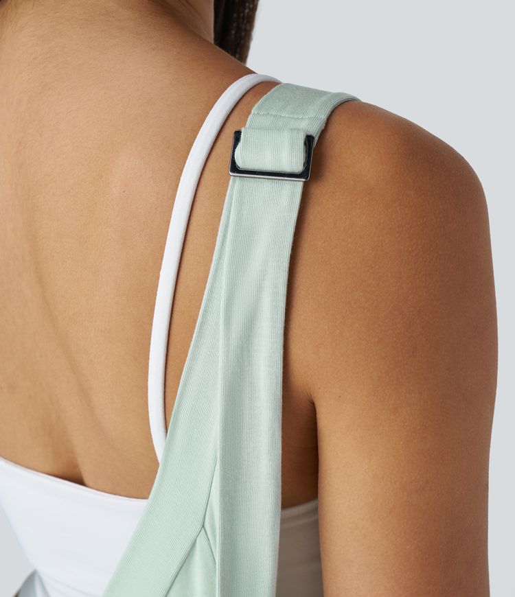 Mono harén relajado bolsillo lateral correa ajustable cuello V acanalado