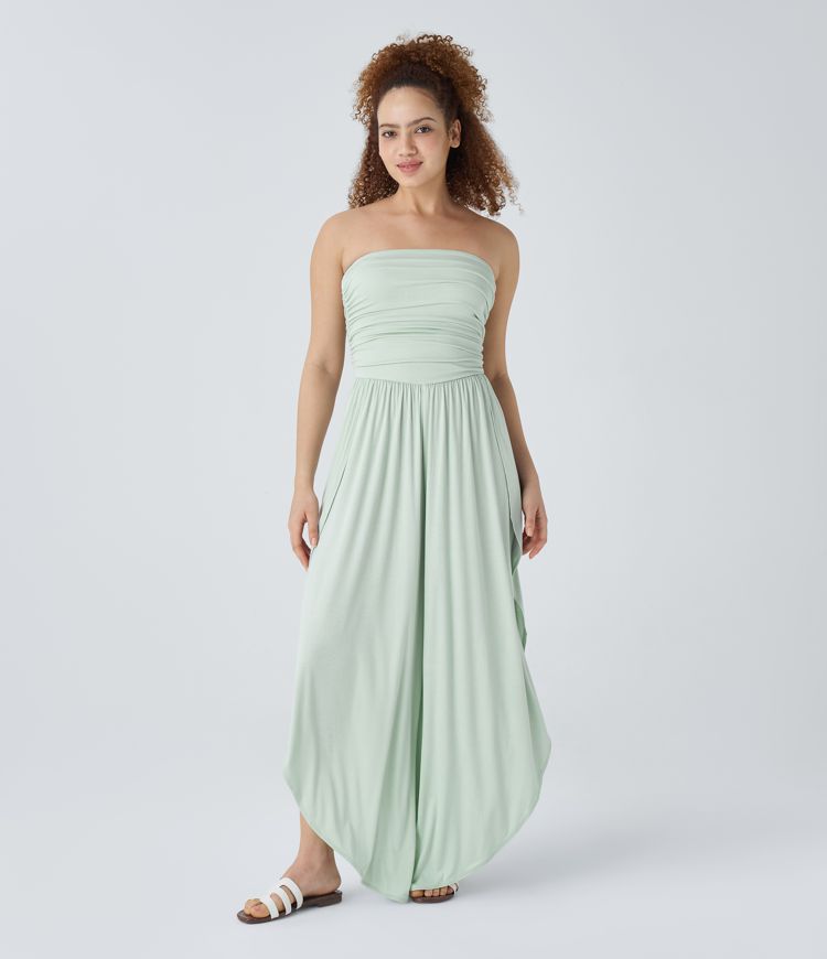 Mono resort fluido pierna ancha fruncido tubo canalé