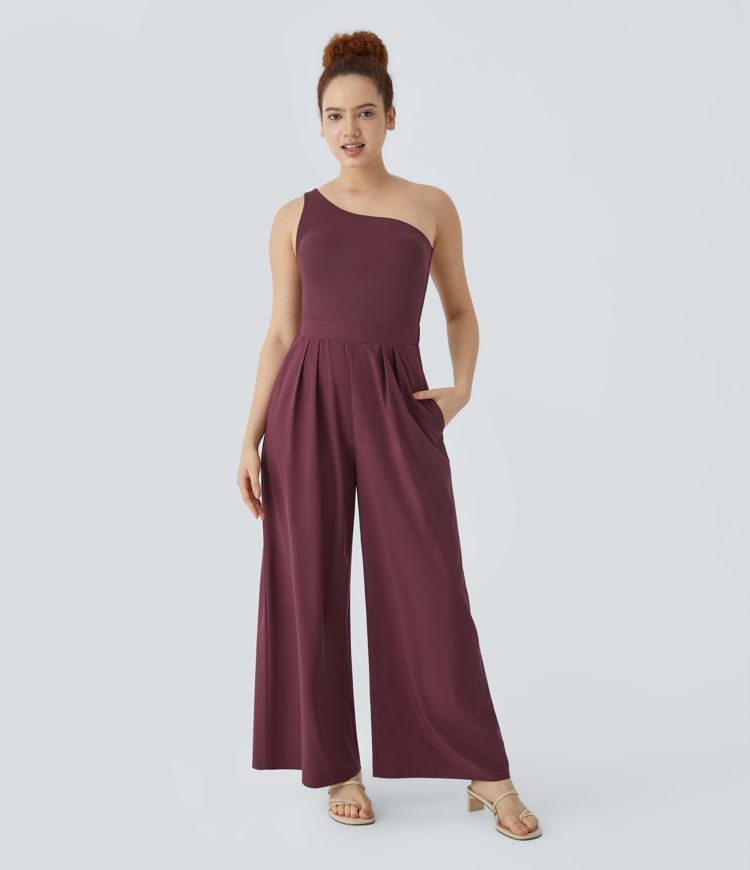 Breezeful™ One Shoulder Sleeveless Invisible Zipper Side Pocket Wide Leg Quick Dry Party Jumpsuit