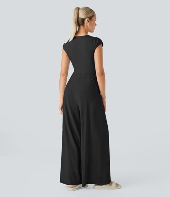 Breezeful™ V-Neck Zipper Pleated Side Pockets Wide Leg Quick-Drying Casual Jumpsuit