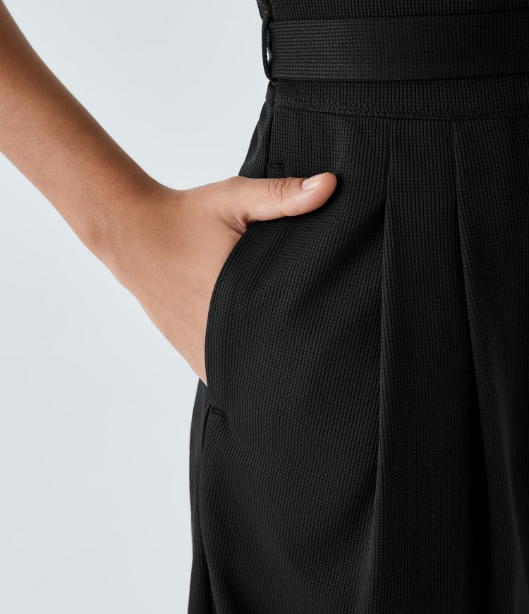 V Neck Belted Pocket Waffle Casual Jumpsuit