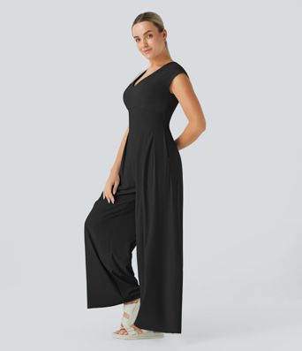 Breezeful™ V-Neck Zipper Pleated Side Pockets Wide Leg Quick-Drying Casual Jumpsuit