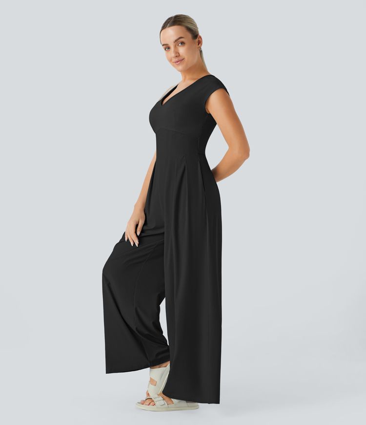 Breezeful™ V-Neck Zipper Pleated Side Pockets Wide Leg Quick-Drying Casual Jumpsuit