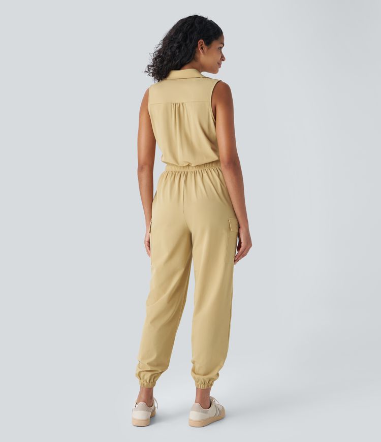 Mono jogger cargo cuello sin mangas botón cordón múltiple bolsillo