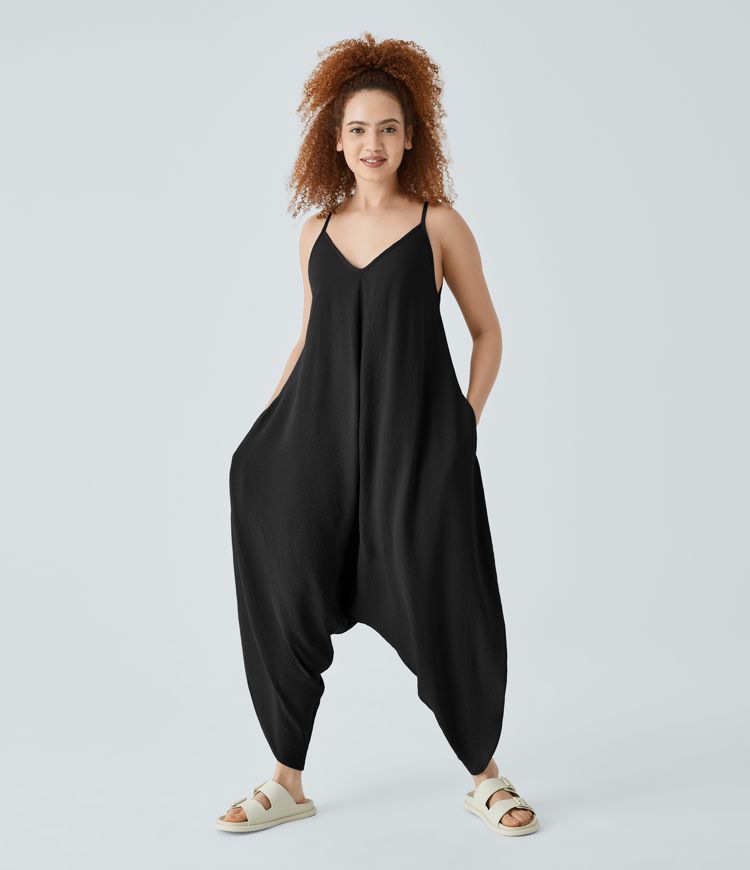 Mono extragrande tacto lino cuello V correa ajustable bolsillo cinturón