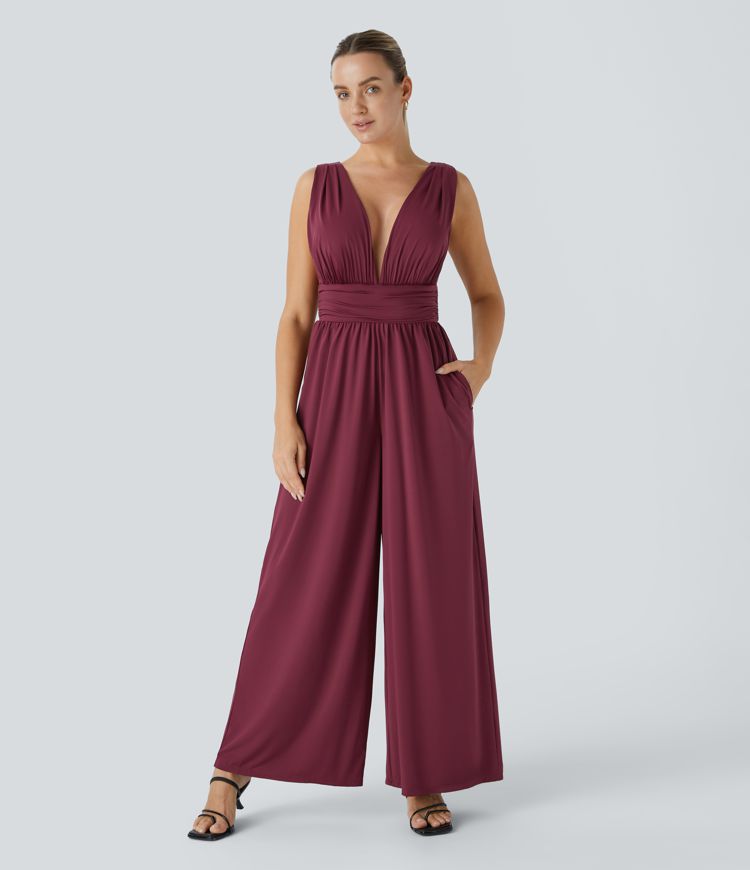 Deep V Neck Sleeveless Pocket Wide Leg Jumpsuit