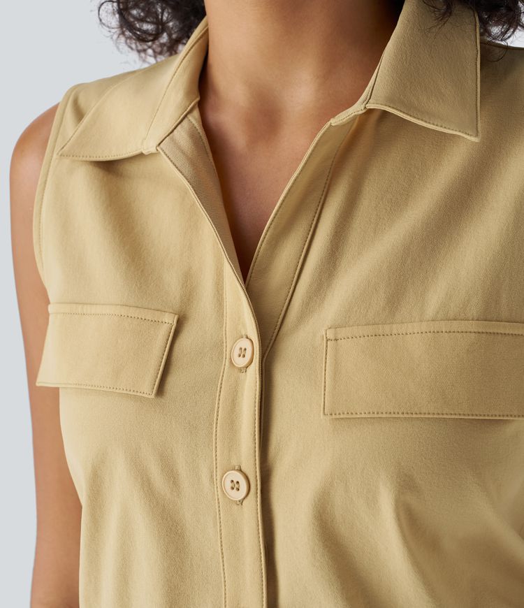 Mono jogger cargo cuello sin mangas botón cordón múltiple bolsillo