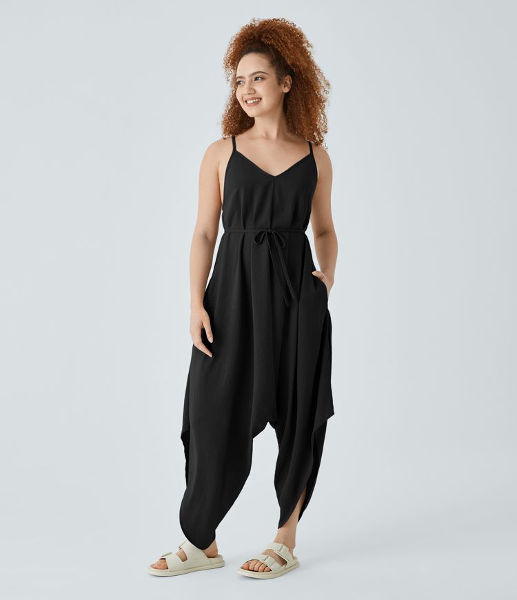 Mono extragrande tacto lino cuello V correa ajustable bolsillo cinturón