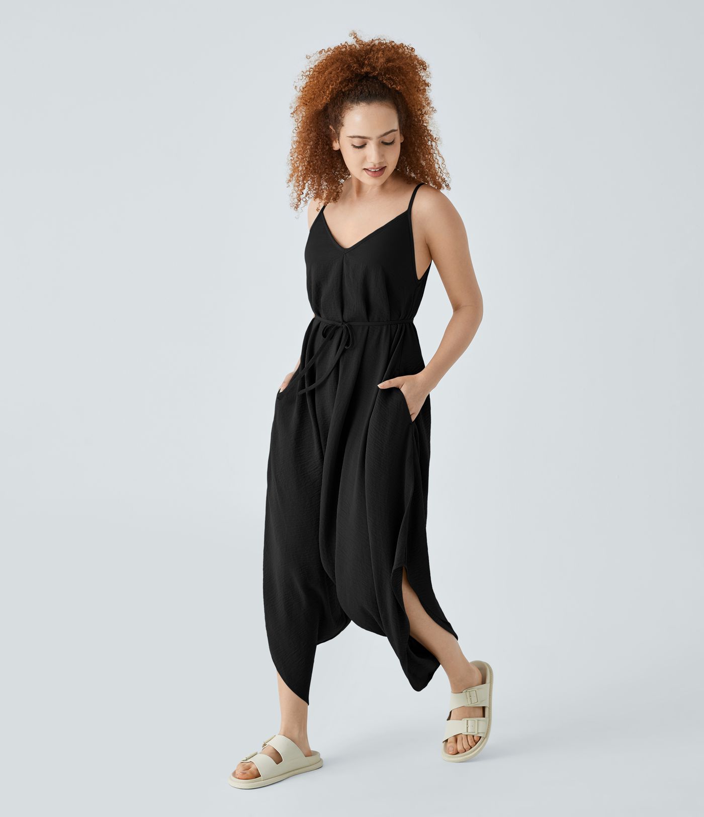 Mono extragrande tacto lino cuello V correa ajustable bolsillo cinturón