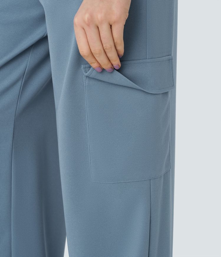 V Neck Pockets Waffle Casual Cargo Jumpsuit