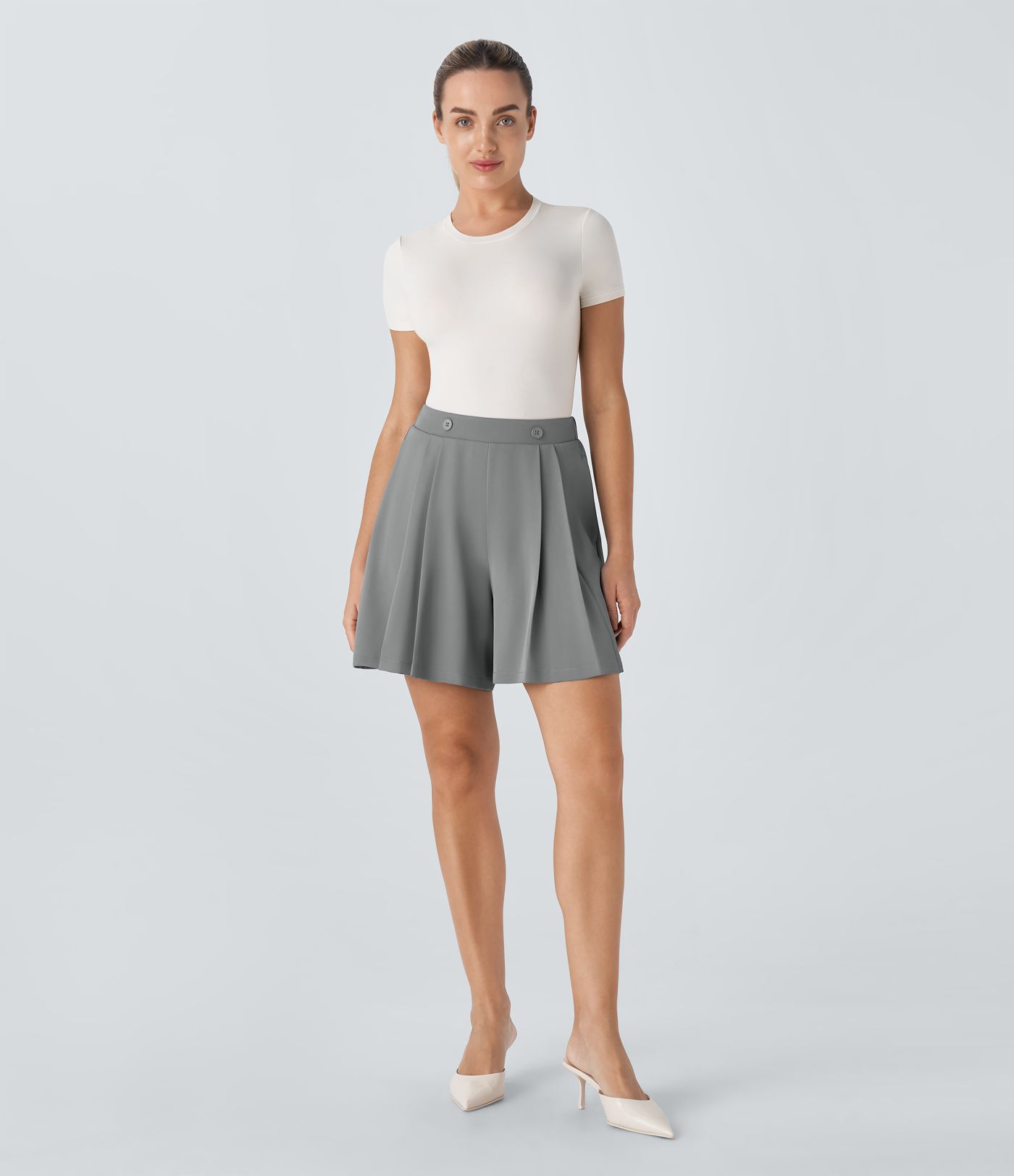 Pantalón corto oficina plisado bolsillo lateral botón decorativo tiro alto