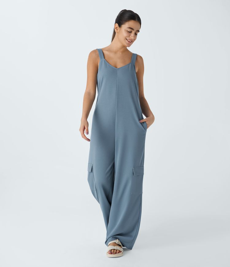 V Neck Pockets Waffle Casual Cargo Jumpsuit