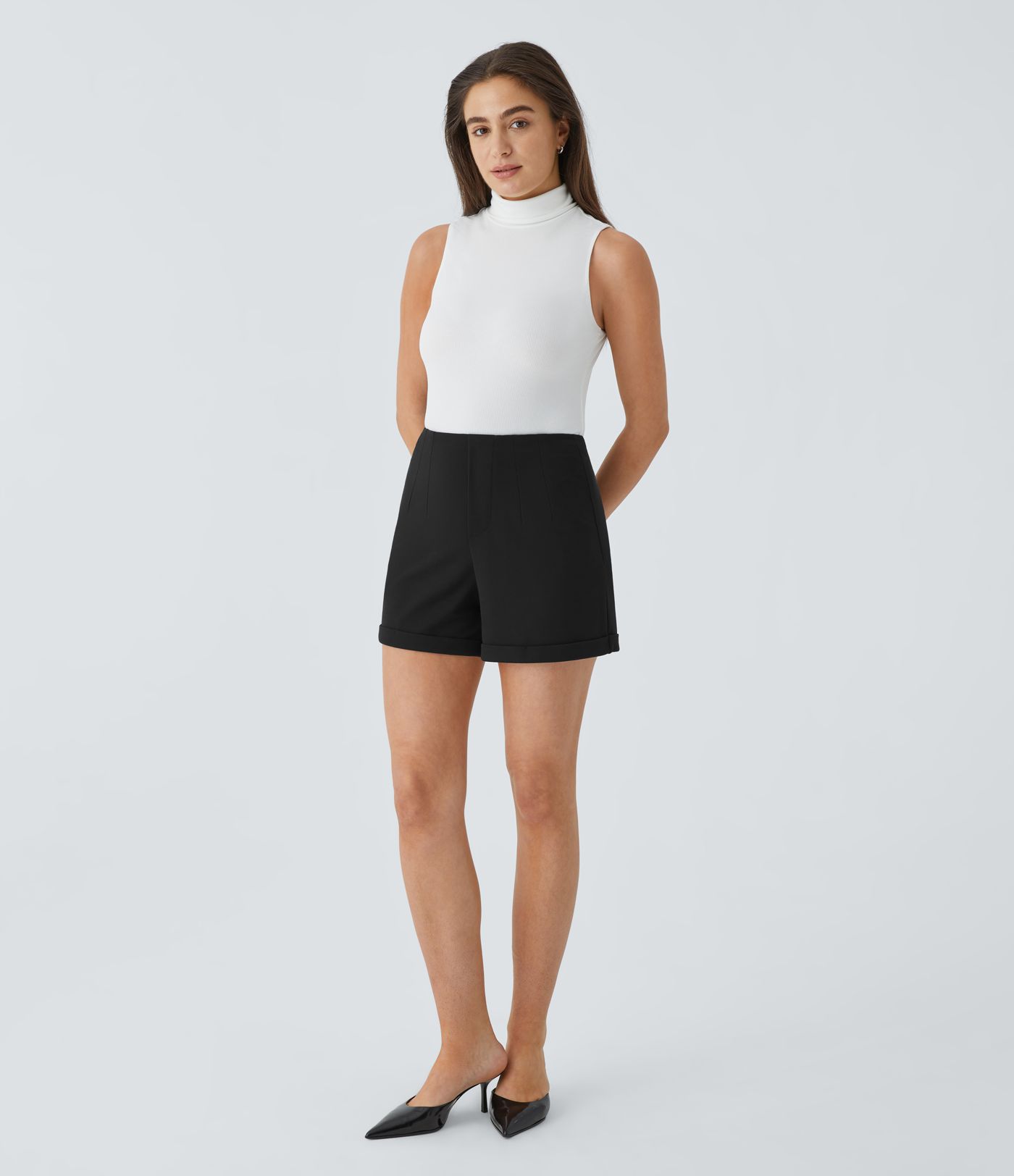 SculptKnit High Waisted Rolled Hem Solid Work Shorts