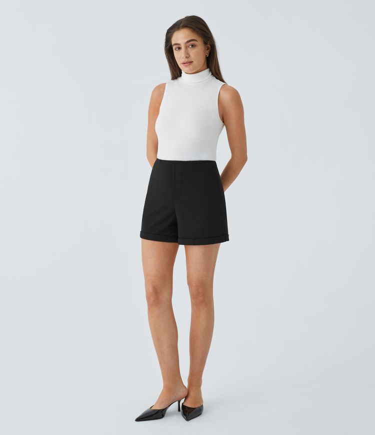 High Waisted Rolled Hem Solid Work Shorts