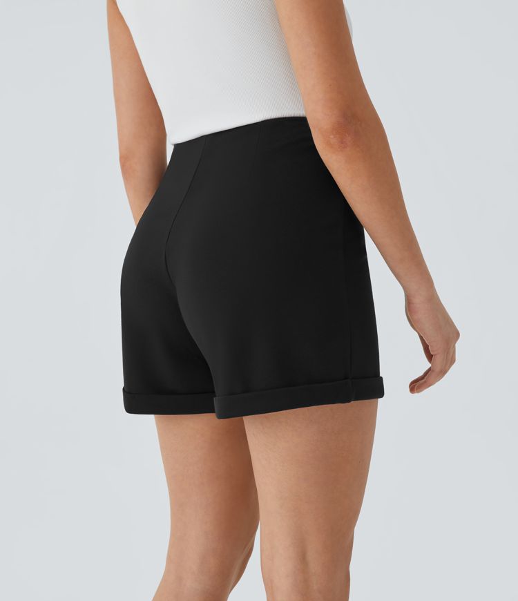 High Waisted Rolled Hem Solid Work Shorts