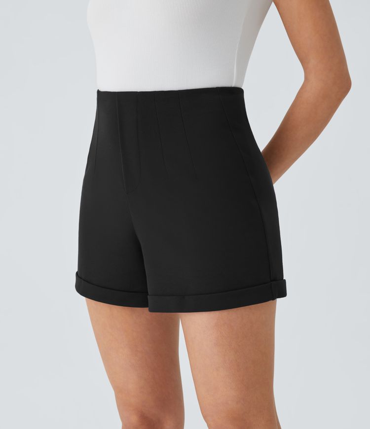 High Waisted Rolled Hem Solid Work Shorts
