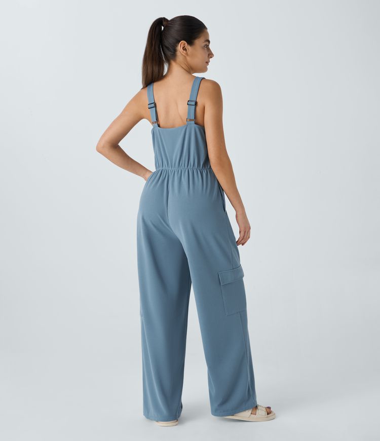 V Neck Pockets Waffle Casual Cargo Jumpsuit