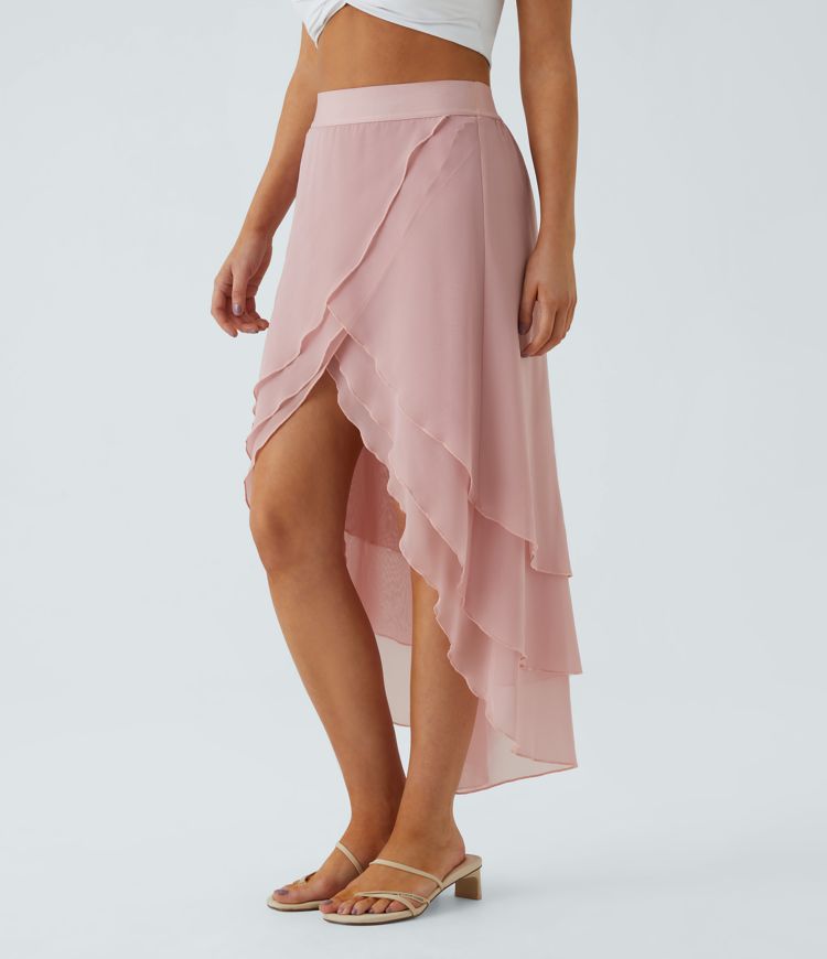 Falda maxi fluida alta baja dobladillo volante capa tiro alto