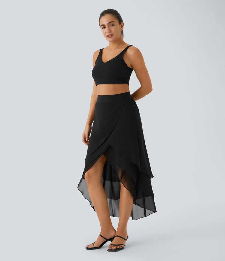 High Waisted Layered Ruffle Hem High Low Flowy Maxi Casual Skirt