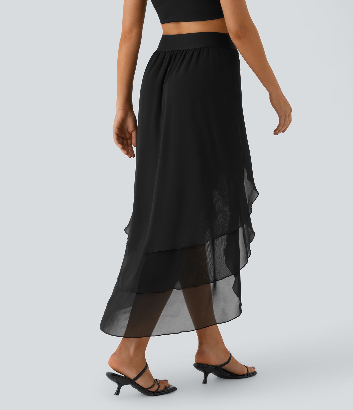 High Waisted Layered Ruffle Hem High Low Flowy Maxi Casual Skirt