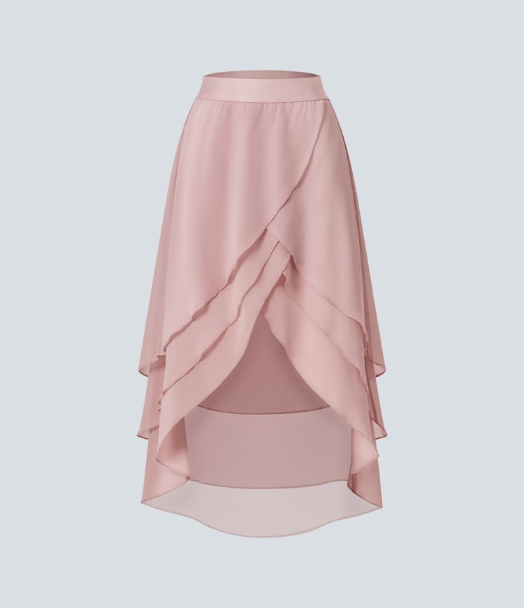 Falda maxi fluida alta baja dobladillo volante capa tiro alto