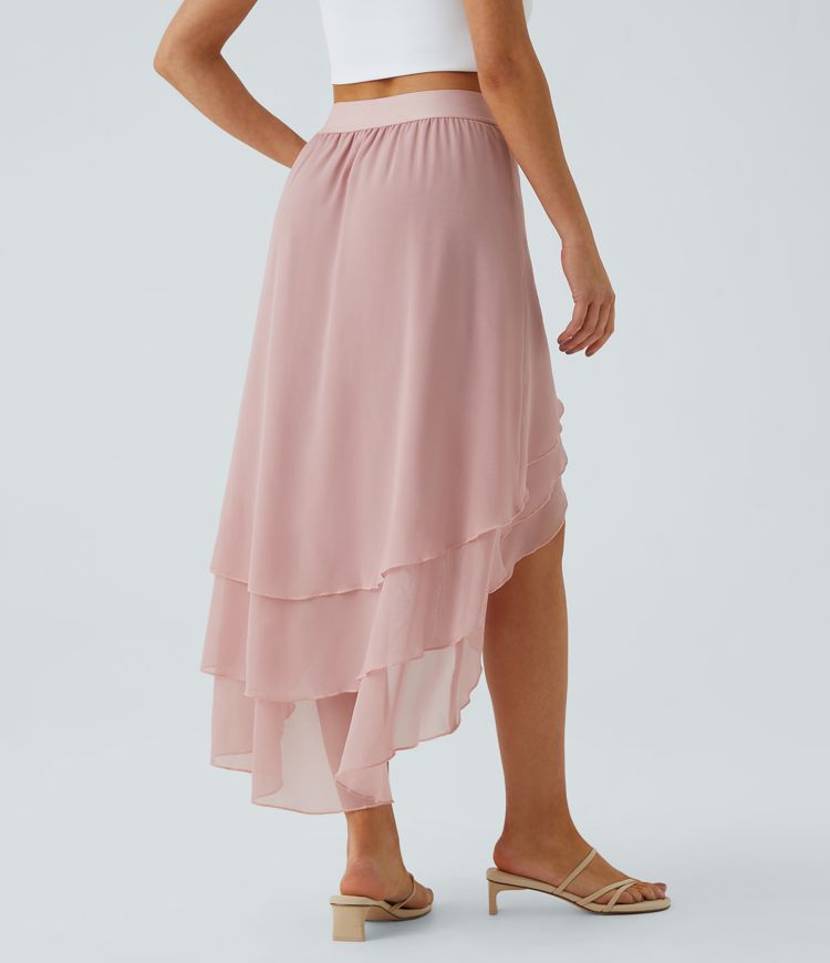 Falda maxi fluida alta baja dobladillo volante capa tiro alto