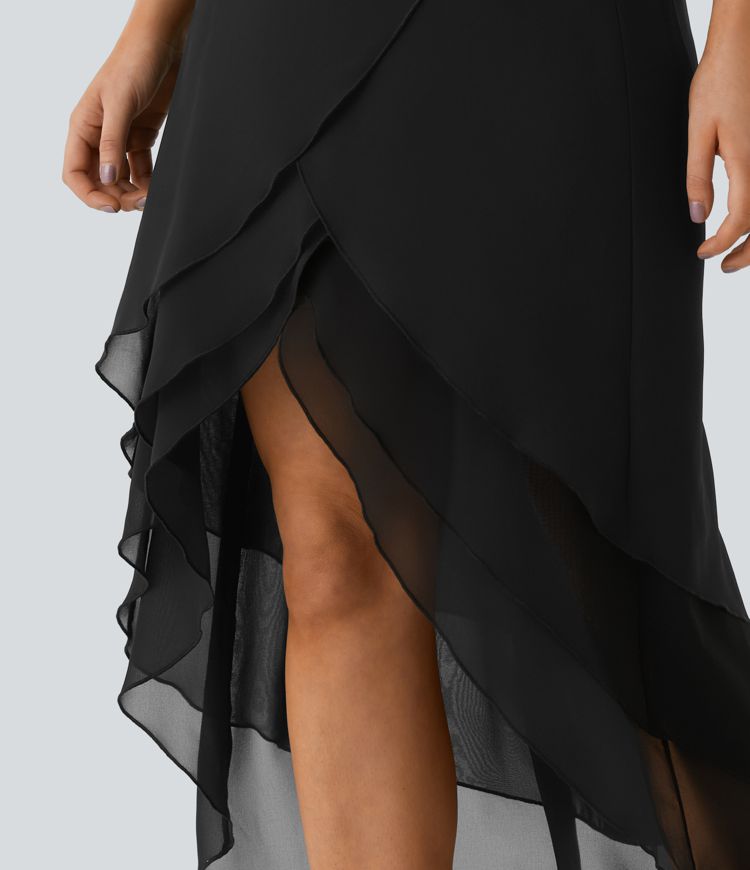 High Waisted Layered Ruffle Hem High Low Flowy Maxi Casual Skirt