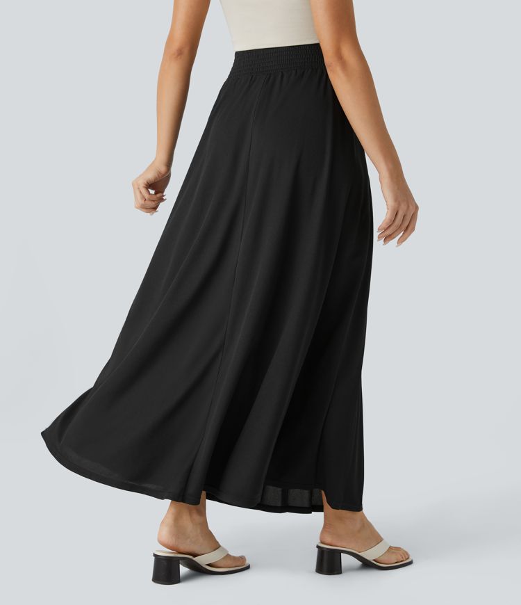 High Waisted Side Pocket Pleated Flowy Maxi Waffle Casual Skirt
