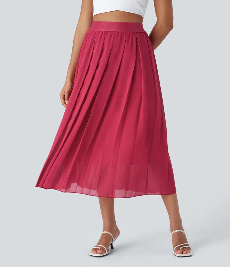 High Waisted Pleated Midi Casual Skirt