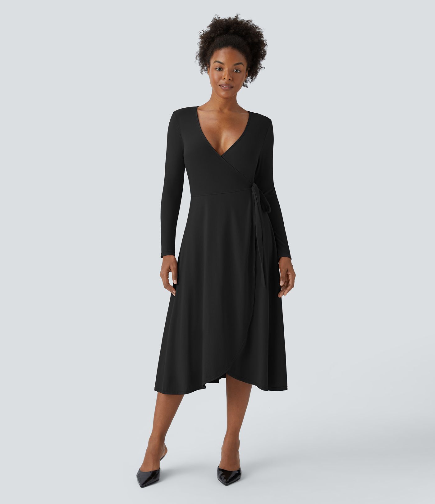 Vestido midi cuello V profundo manga larga cruzado lazo lateral