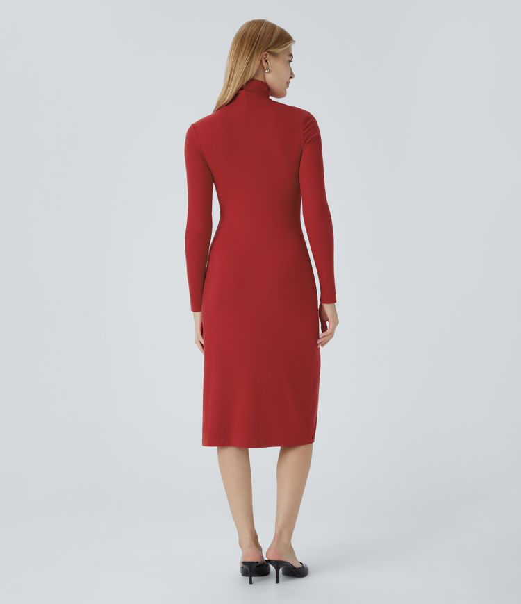 Robe de travail mi-longue moulante en maille côtelée à col montant et manches longues