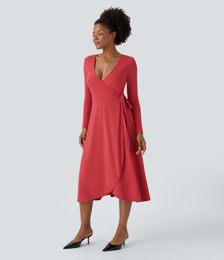 Deep V Neck Long Sleeve Wrapped Tie Side Midi Casual Dress