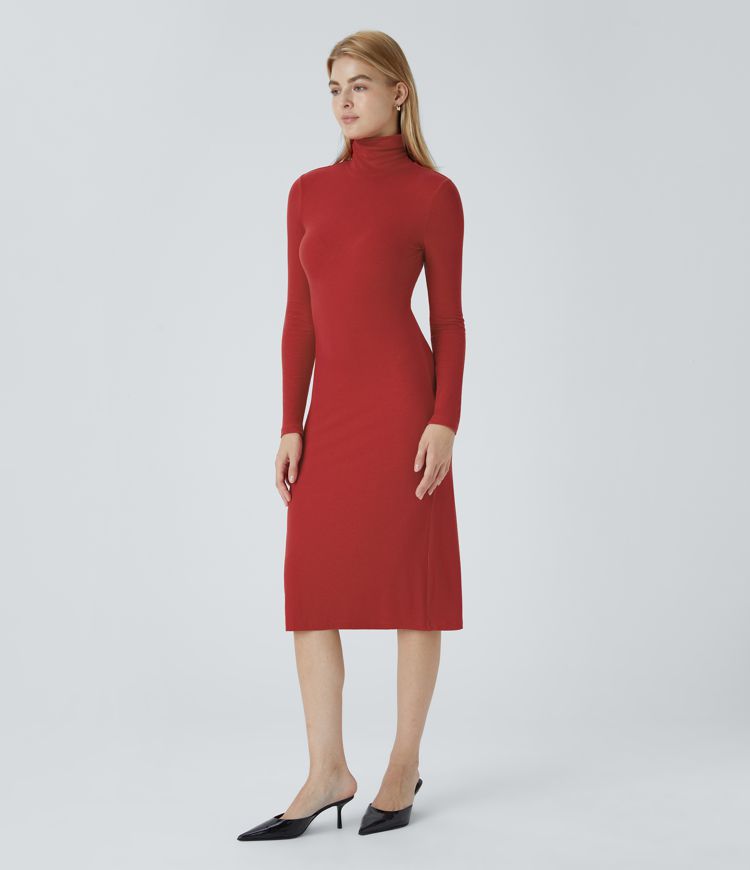 Robe de travail mi-longue moulante en maille côtelée à col montant et manches longues