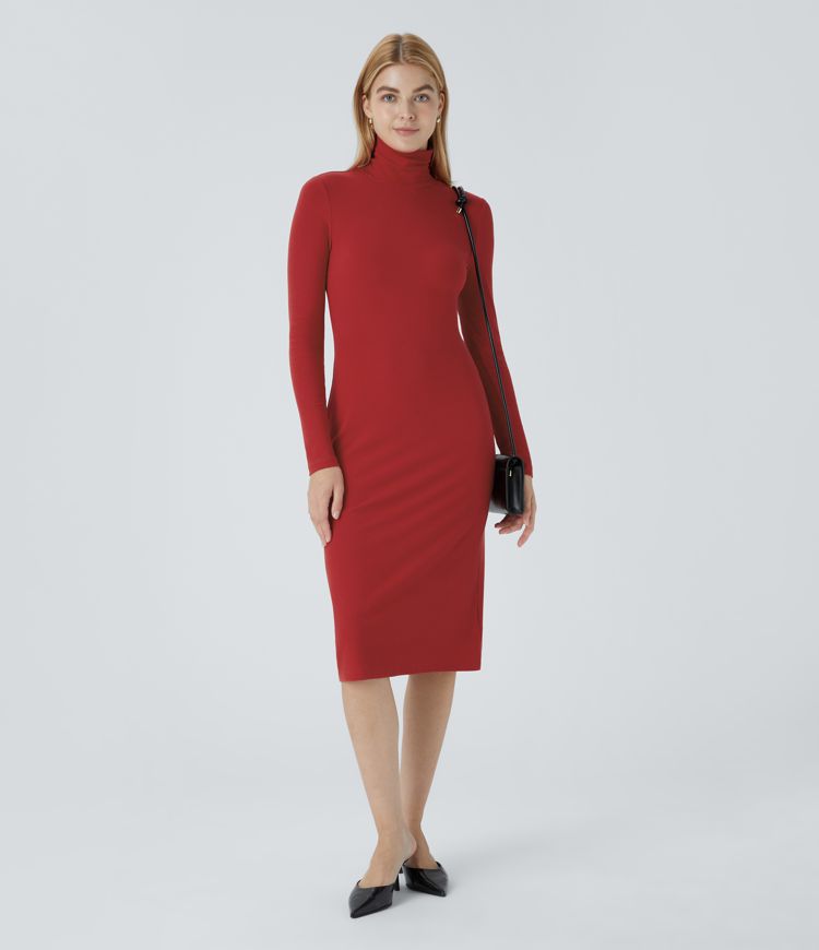 Robe de travail mi-longue moulante en maille côtelée à col montant et manches longues