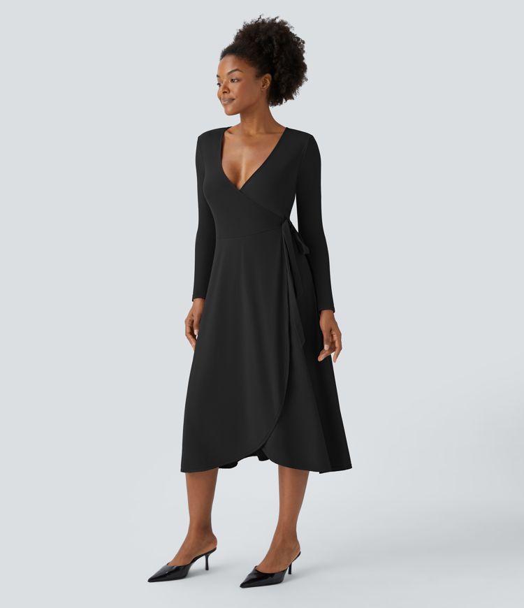 Vestido midi cuello V profundo manga larga cruzado lazo lateral