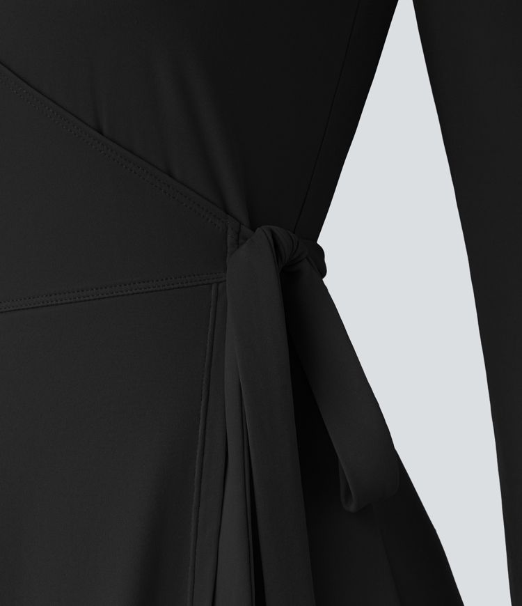 Vestido midi cuello V profundo manga larga cruzado lazo lateral