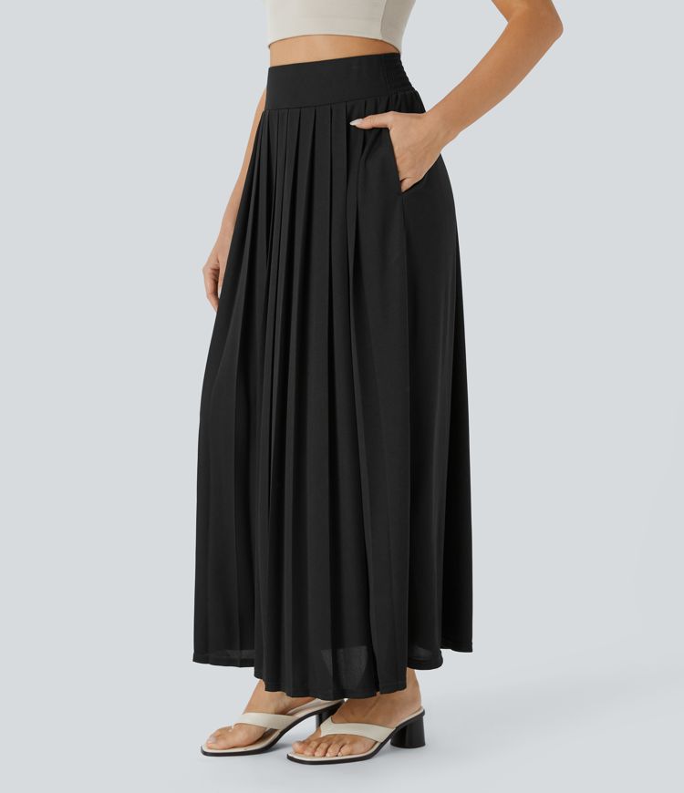 Falda gofre maxi fluida plisada bolsillo lateral tiro alto