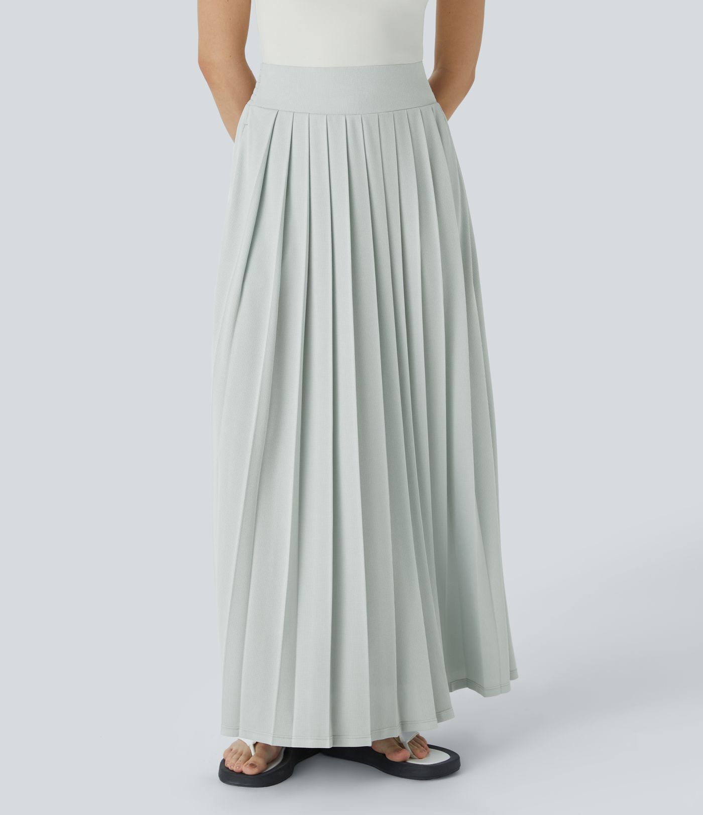 High Waisted Pocket Pleated Flowy Maxi Waffle Casual Skirt