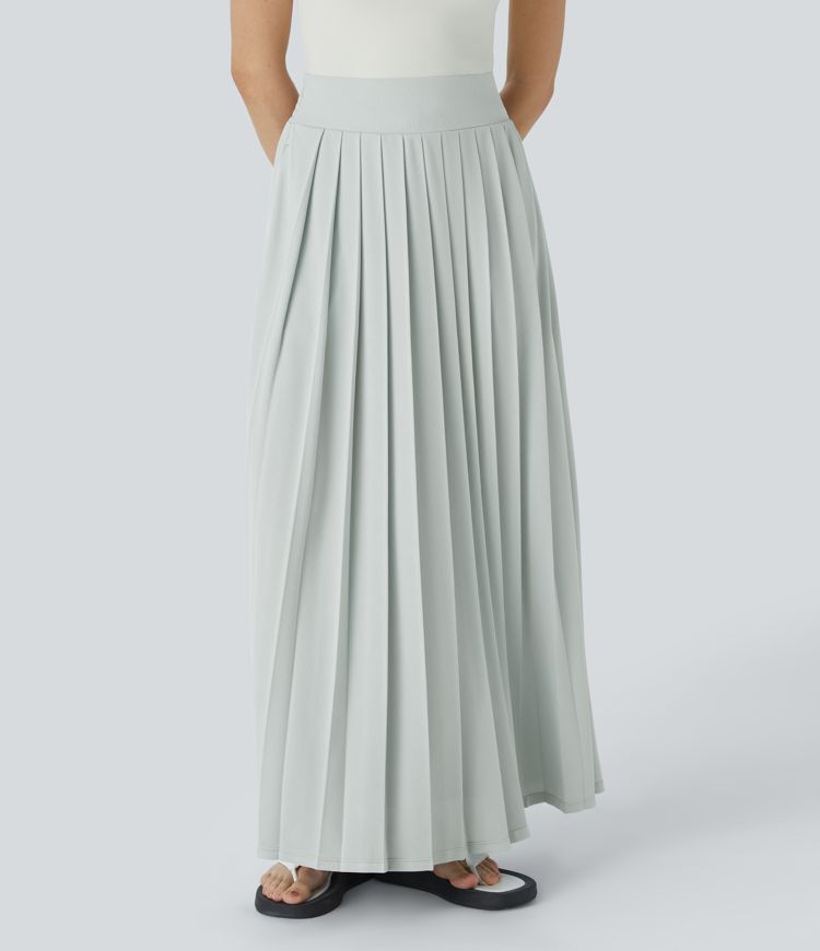 High Waisted Pocket Pleated Flowy Maxi Waffle Casual Skirt