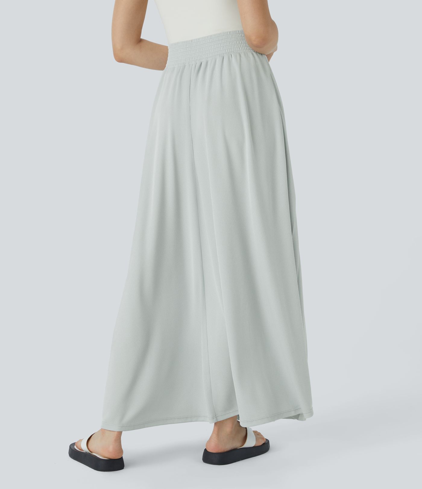 High Waisted Pocket Pleated Flowy Maxi Waffle Casual Skirt